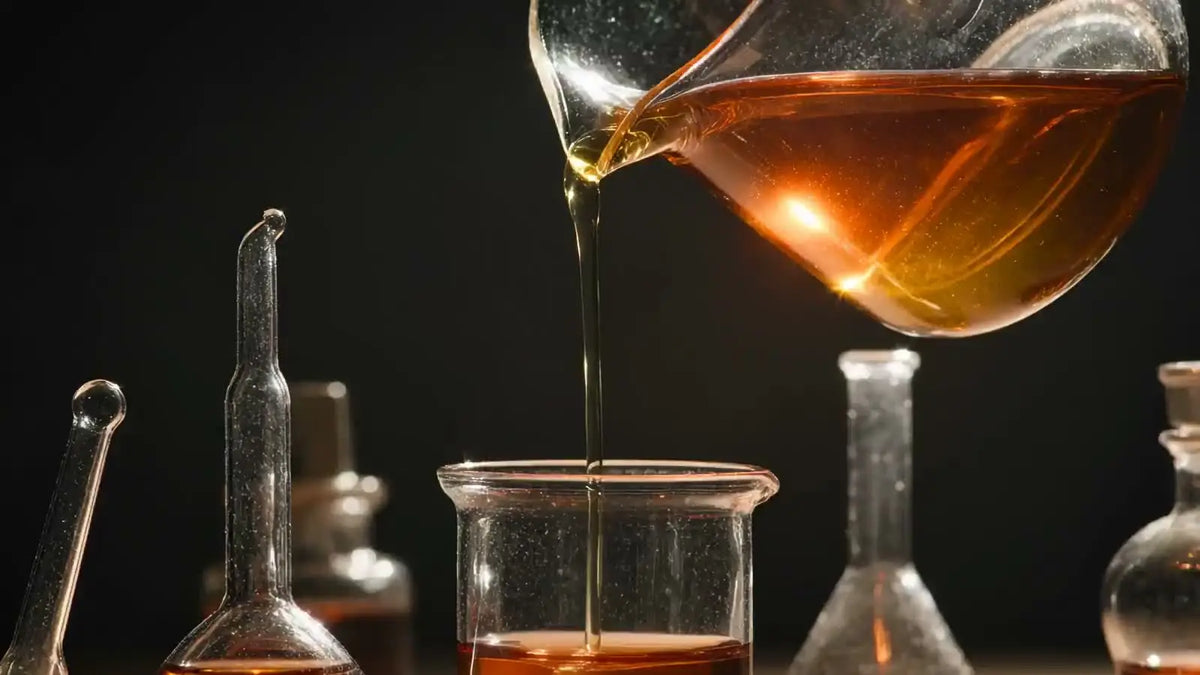 Parfümöl wird im Labor in ein Becherglas gegossen