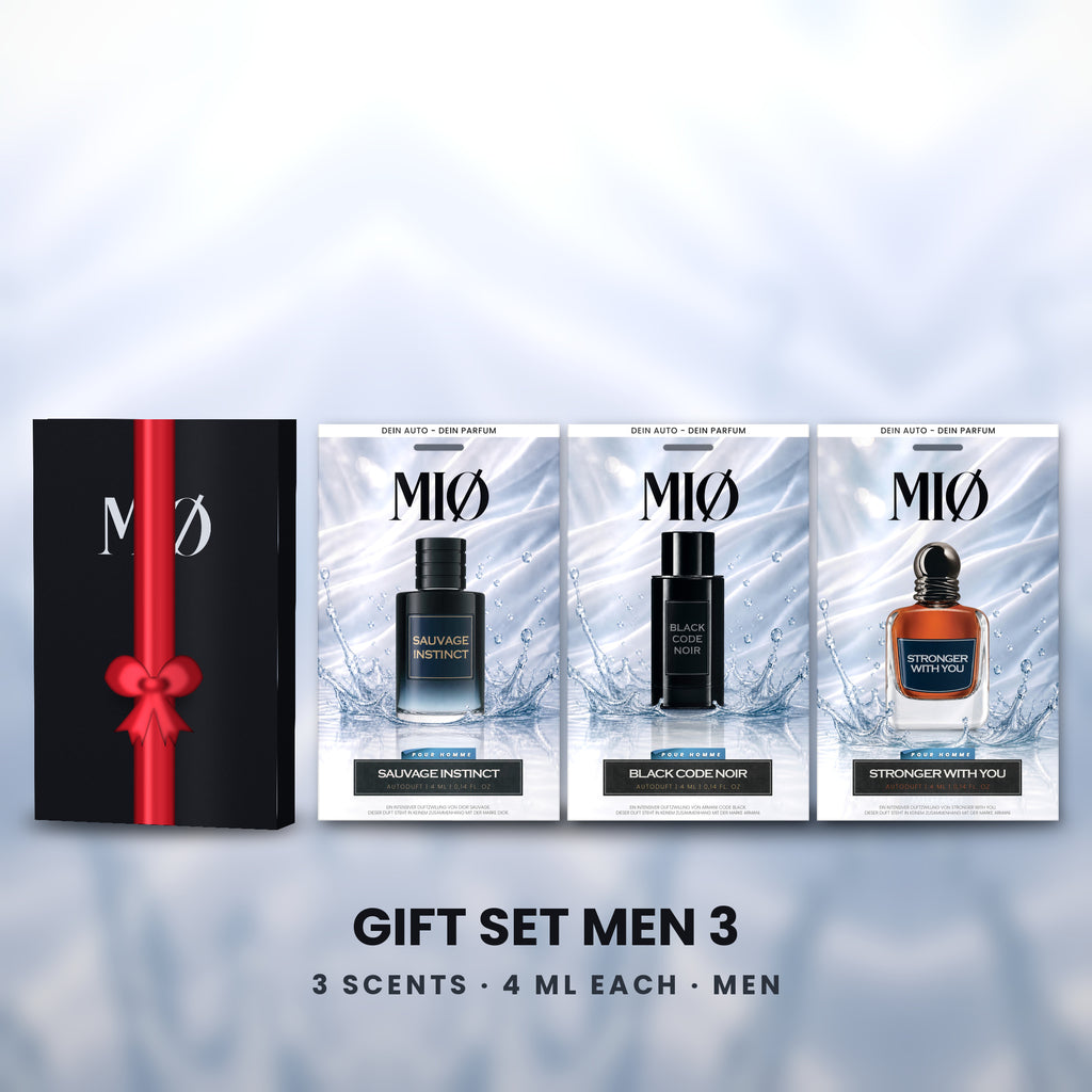 Geschenkset Herren 3er in der Verpackung: MIØ-Box und 3 Duftanhänger