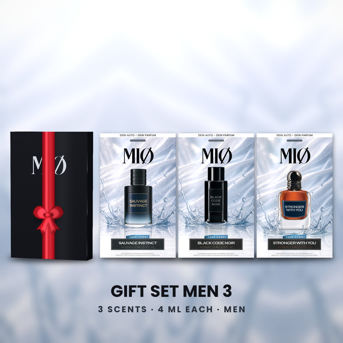 Geschenkset Herren 3er in der Verpackung: MIØ-Box und 3 Duftanhänger
