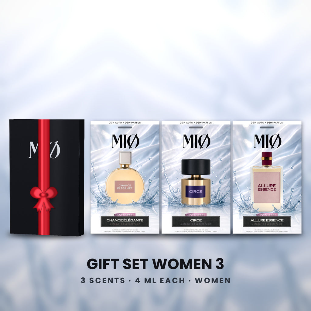 Geschenkset Damen 3er in der Verpackung: MIØ-Box und 3 Duftanhänger