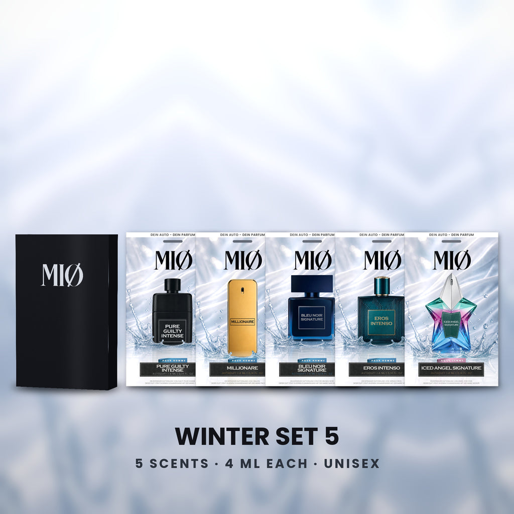 Winter-Set 5er in der Verpackung: MIØ-Box und 5 Duftanhänger
