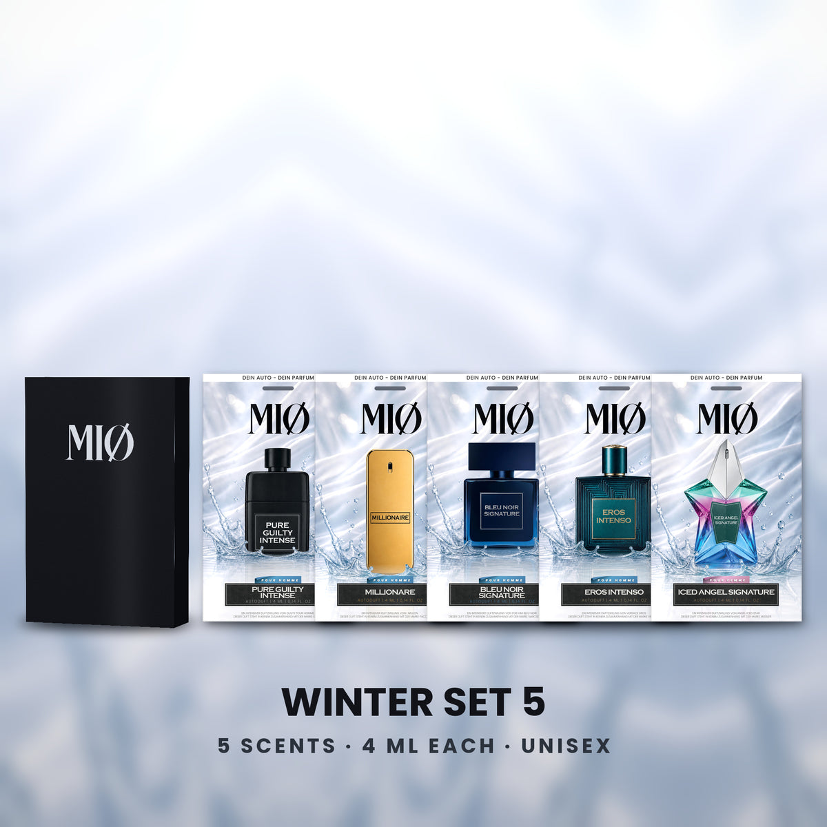 Winter-Set 5er in der Verpackung: MIØ-Box und 5 Duftanhänger