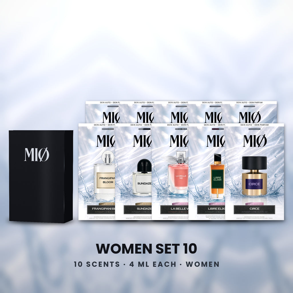 Set Damen 10er in der Verpackung: MIØ-Box und 10 Duftanhänger