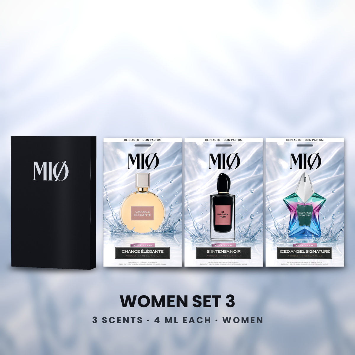 Set Damen 3er in der Verpackung: MIØ-Box und 3 Duftanhänger
