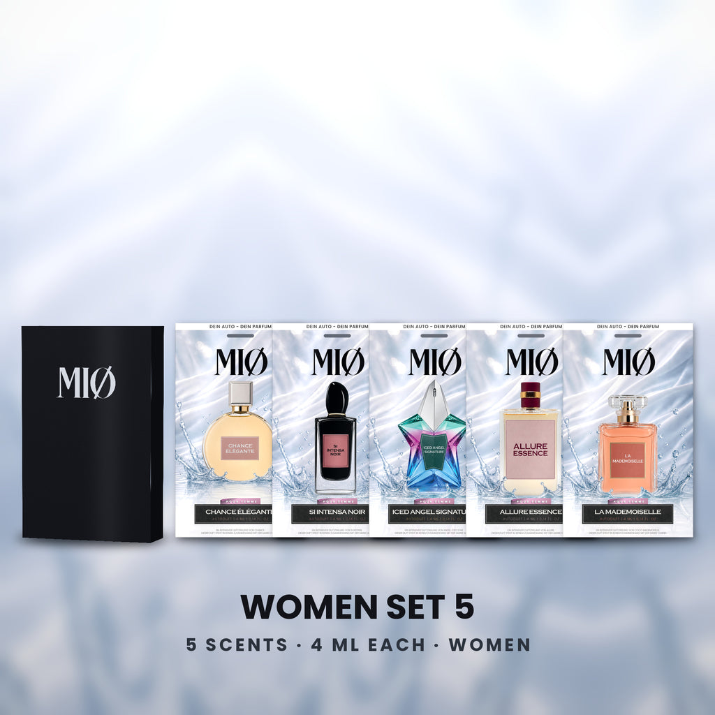 Set Damen 5er in der Verpackung: MIØ-Box und 5 Duftanhänger