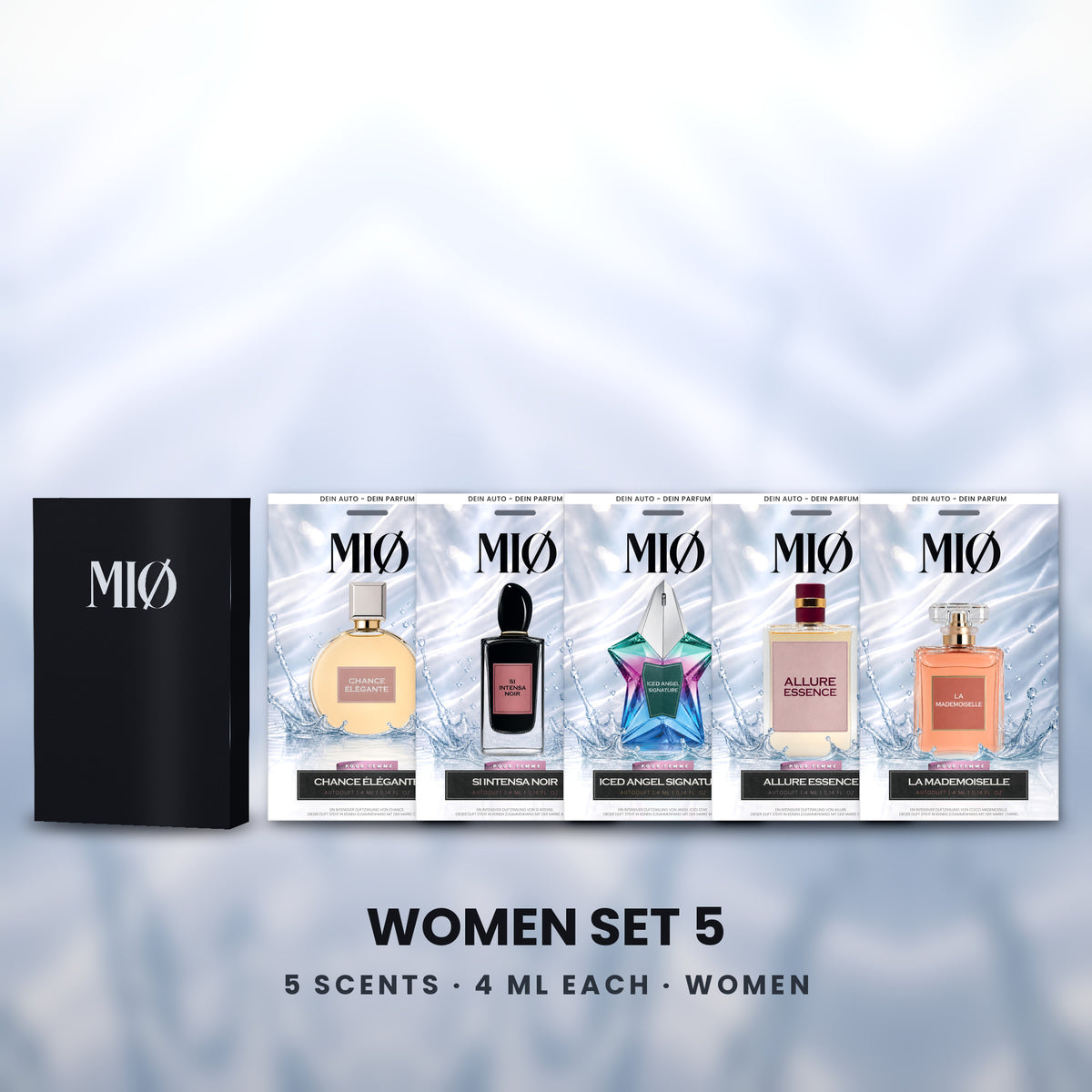 Set Damen 5er in der Verpackung: MIØ-Box und 5 Duftanhänger