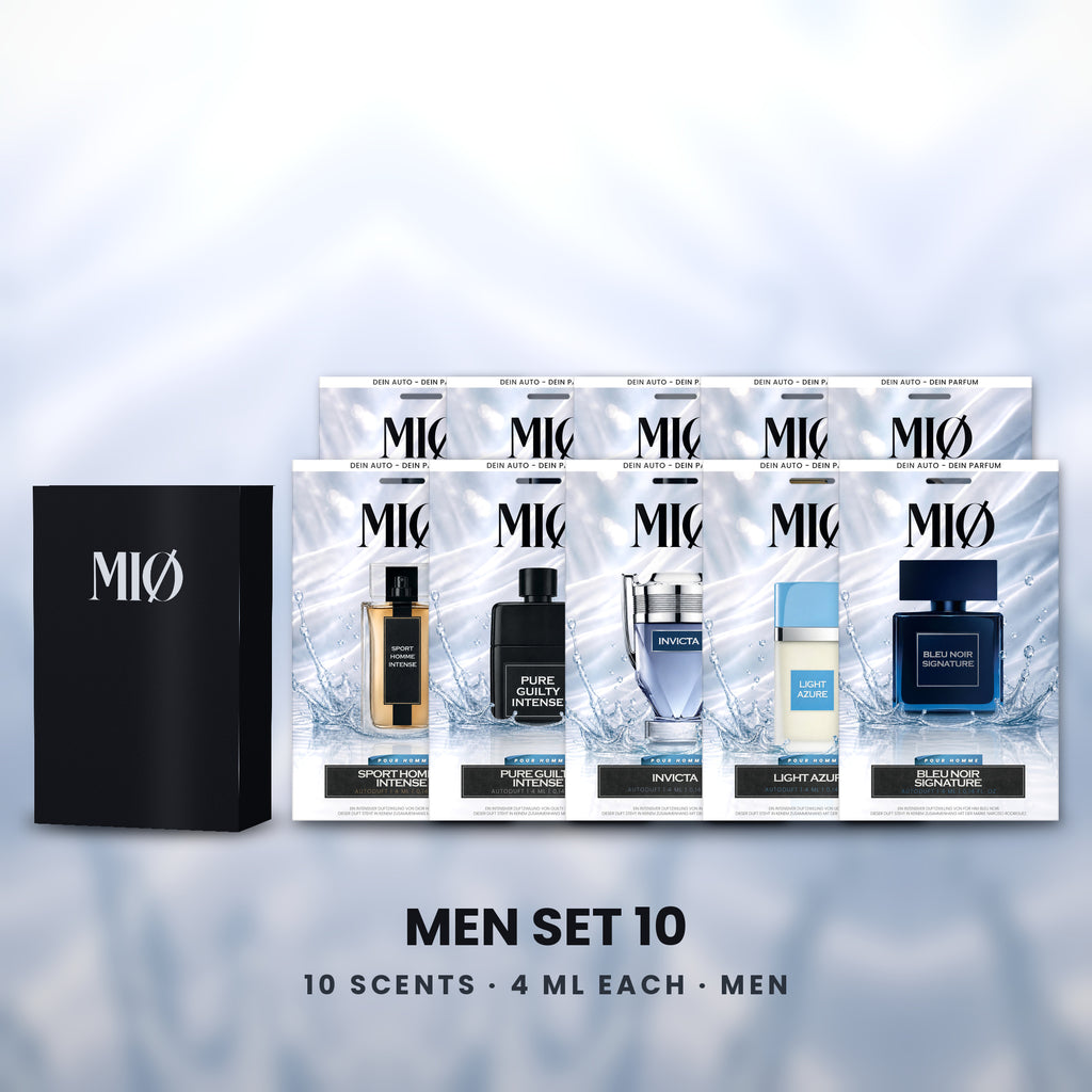 Set Herren 10er in der Verpackung: MIØ-Box und 10 Duftanhänger