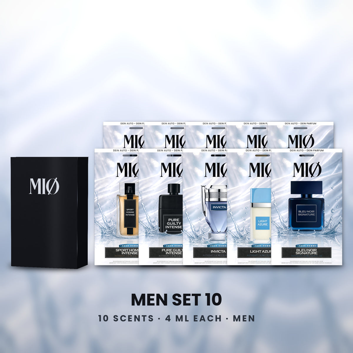 Set Herren 10er in der Verpackung: MIØ-Box und 10 Duftanhänger
