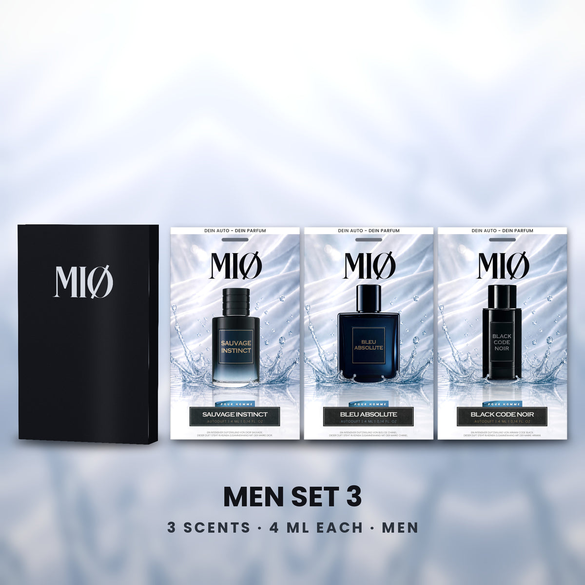Set Herren 3er in der Verpackung: MIØ-Box und 3 Duftanhänger
