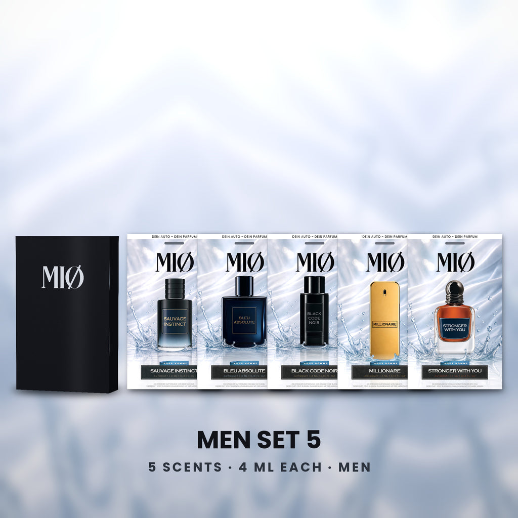Set Herren 5er in der Verpackung: MIØ-Box und 5 Duftanhänger