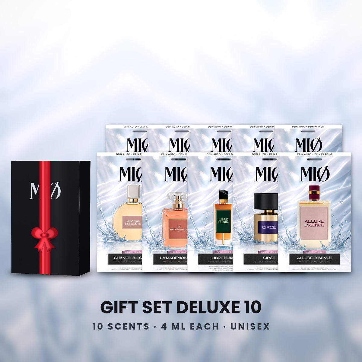 Geschenkset Deluxe 10er in der Verpackung: MIØ-Box und 10 Duftanhänger