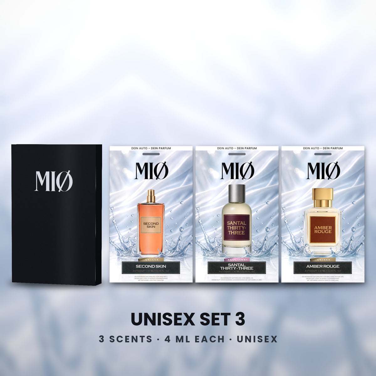 Set Unisex 3er in der Verpackung: MIØ-Box und 3 Duftanhänger