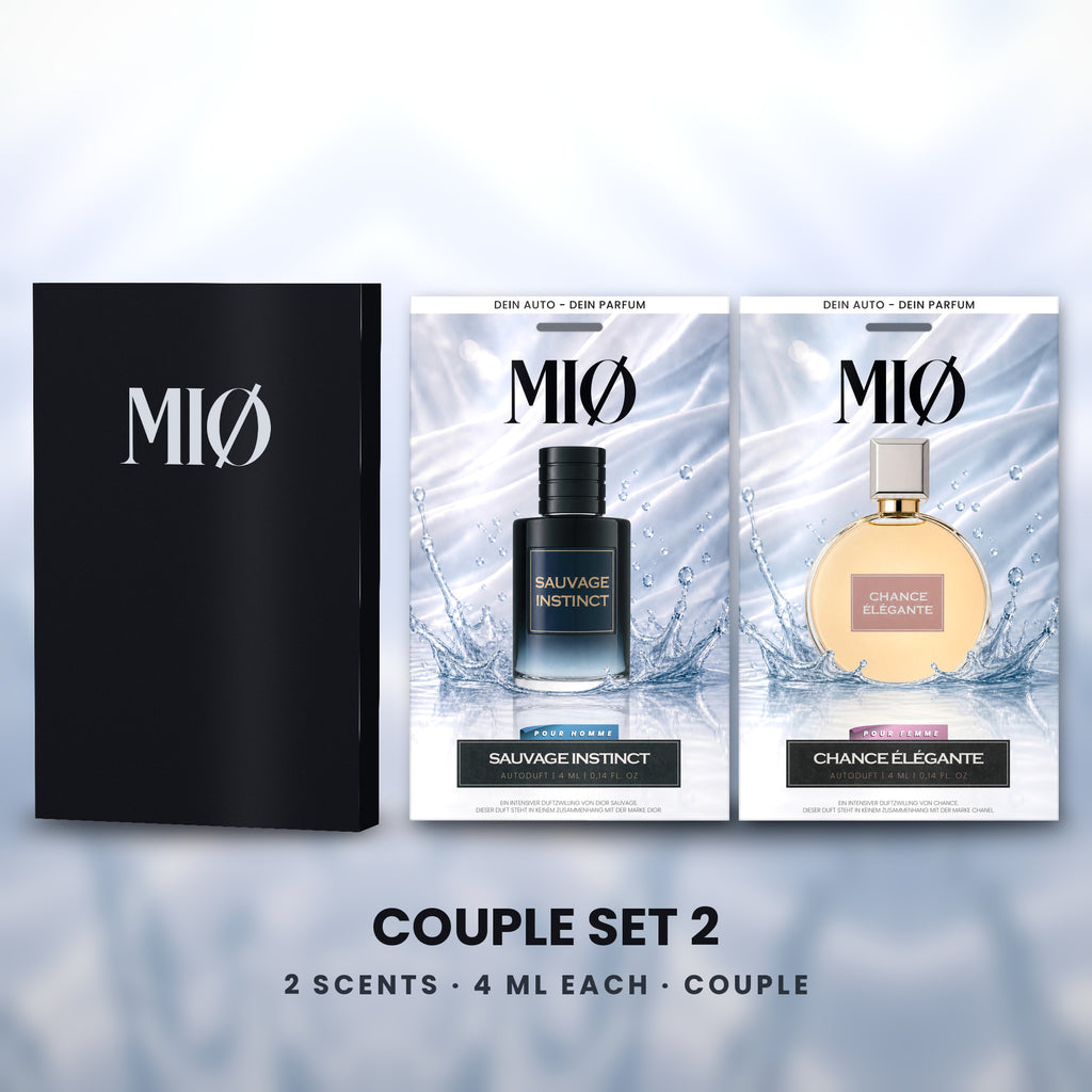 Paar-Set 2er – 1 Herren, 1 Damen in der Verpackung: MIØ-Box und 2 Duftanhänger