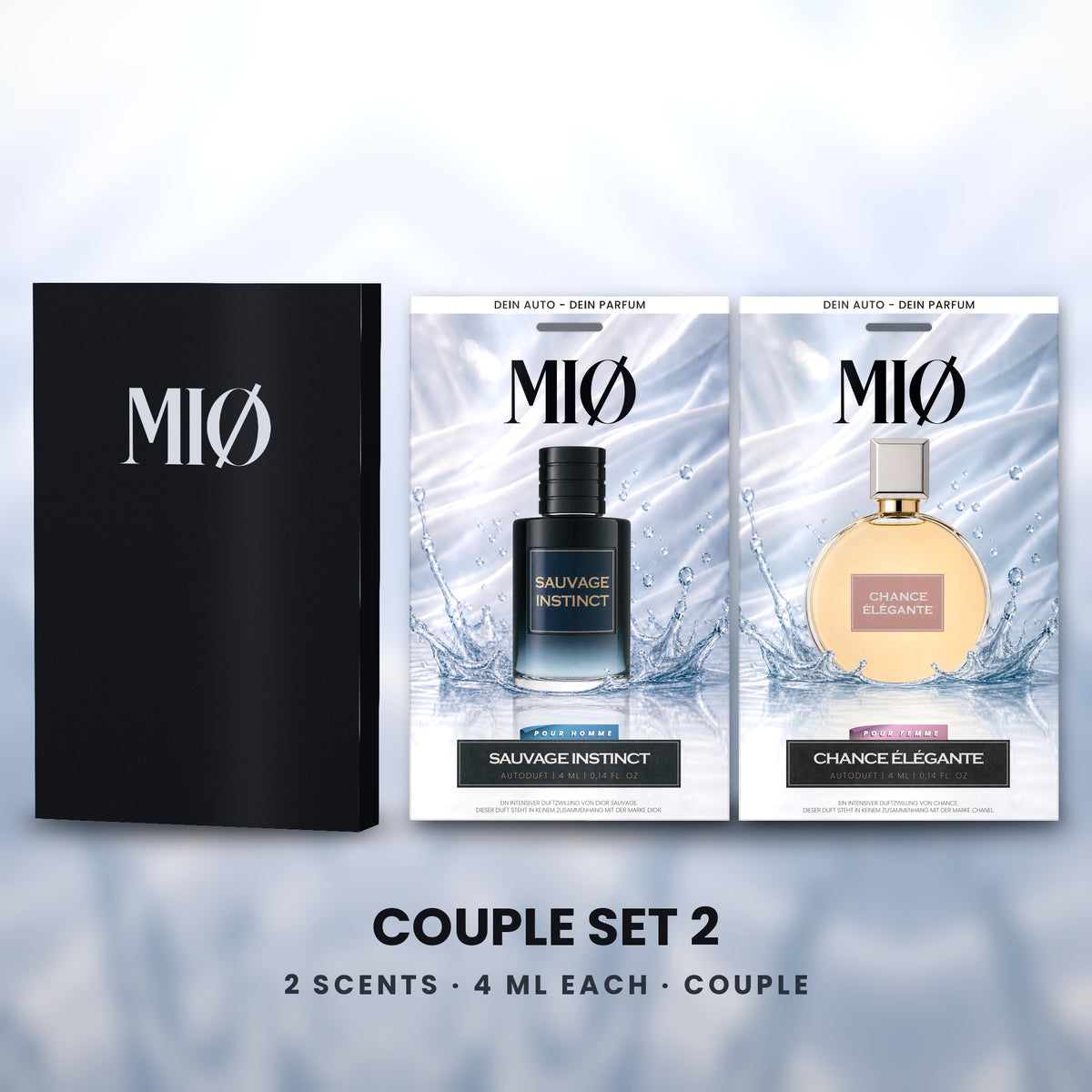 Paar-Set 2er – 1 Herren, 1 Damen in der Verpackung: MIØ-Box und 2 Duftanhänger