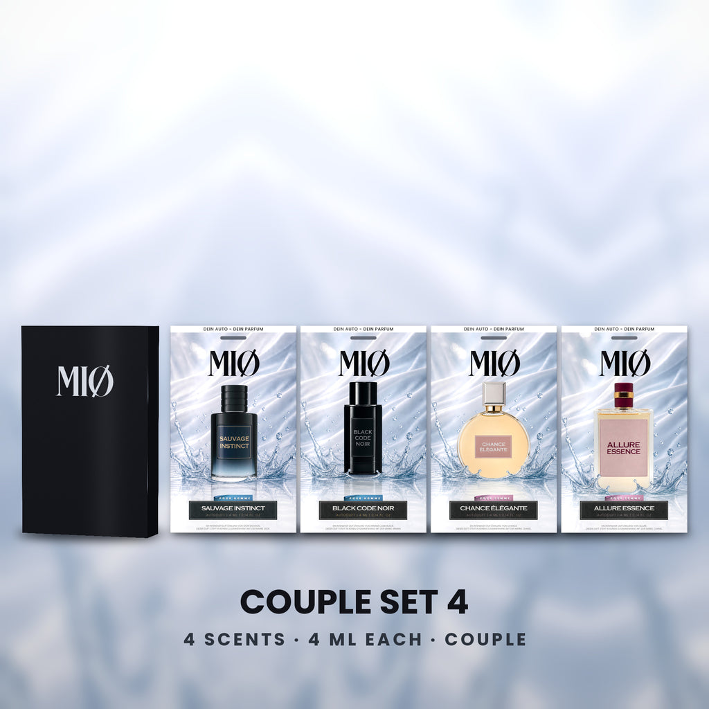 Paar-Set 4er – 2 Herren, 2 Damen in der Verpackung: MIØ-Box und 4 Duftanhänger