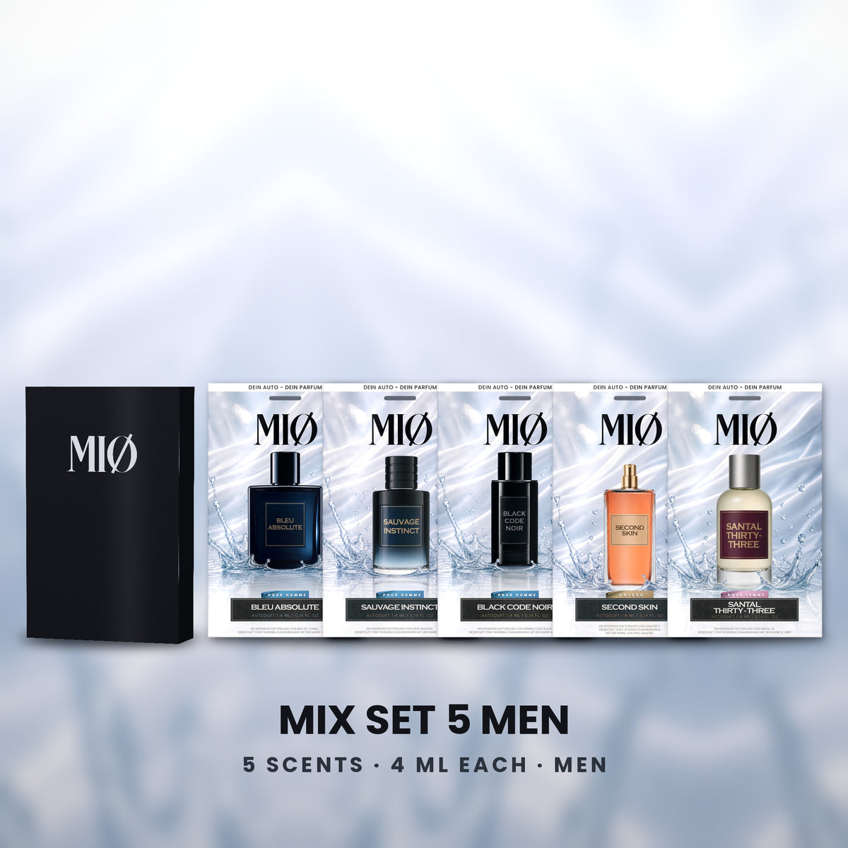 Mix-Set 5er – 3 Herren, 2 Unisex in der Verpackung: MIØ-Box und 5 Duftanhänger