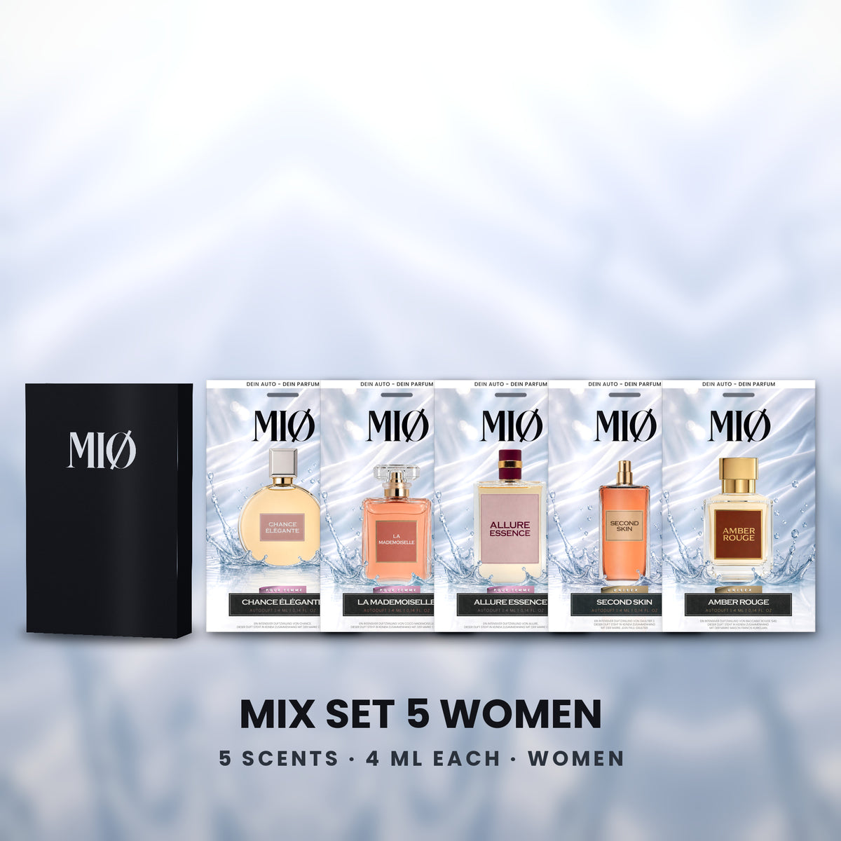 Mix-Set 5er – 3 Damen, 2 Unisex in der Verpackung: MIØ-Box und 5 Duftanhänger