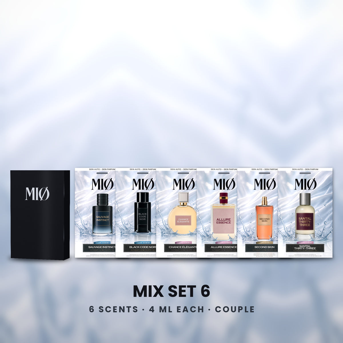 Mix-Set 6er – 2 Herren, 2 Damen, 2 Unisex in der Verpackung: MIØ-Box und 6 Duftanhänger