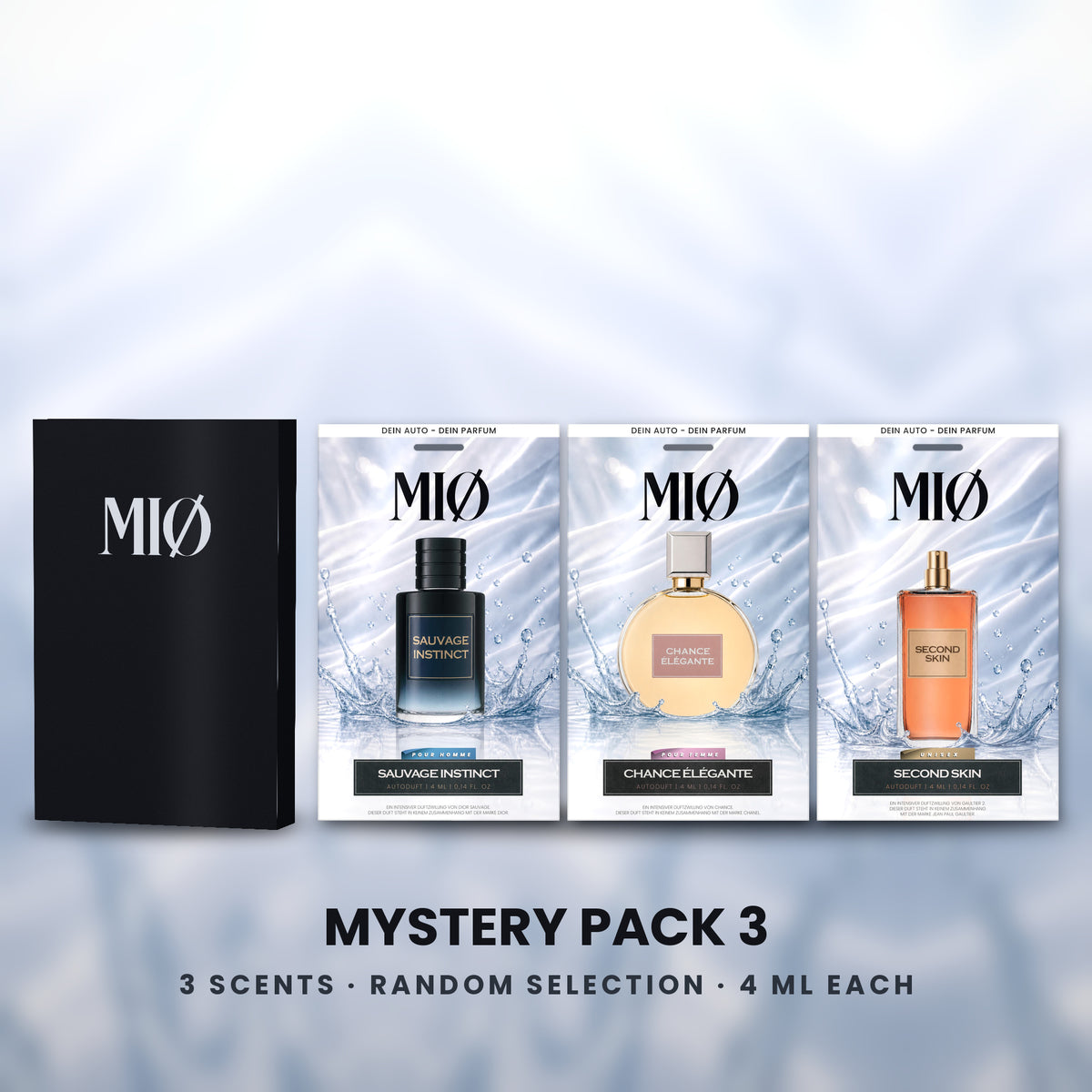 Mystery Pack 3er in der Verpackung: MIØ-Box und 3 Duftanhänger