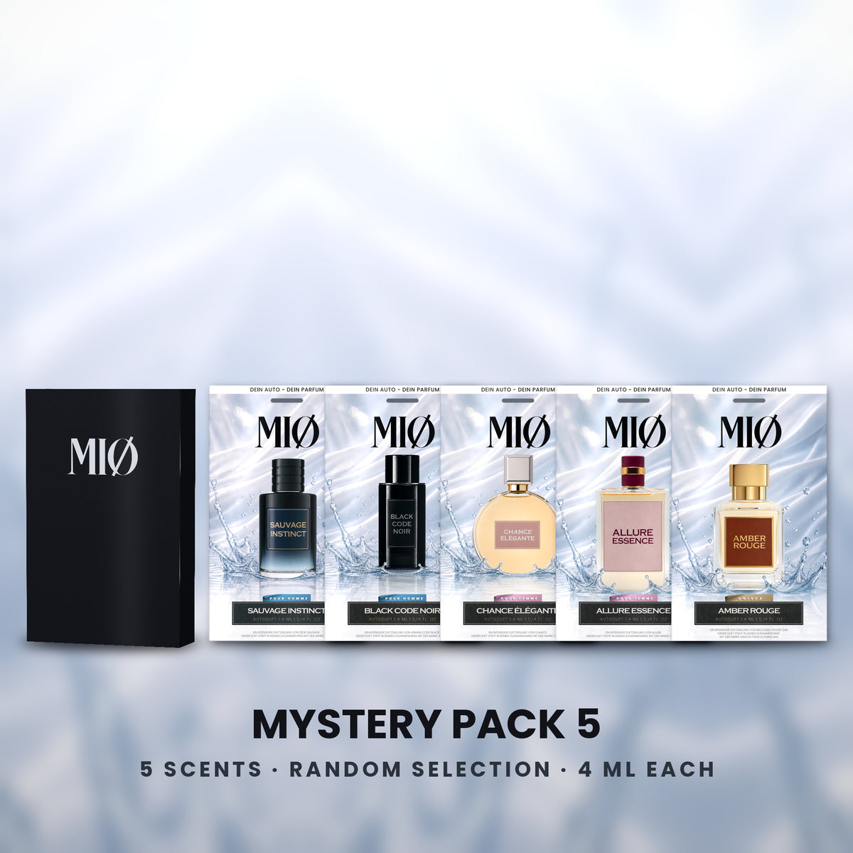 Mystery Pack 5er in der Verpackung: MIØ-Box und 5 Duftanhänger