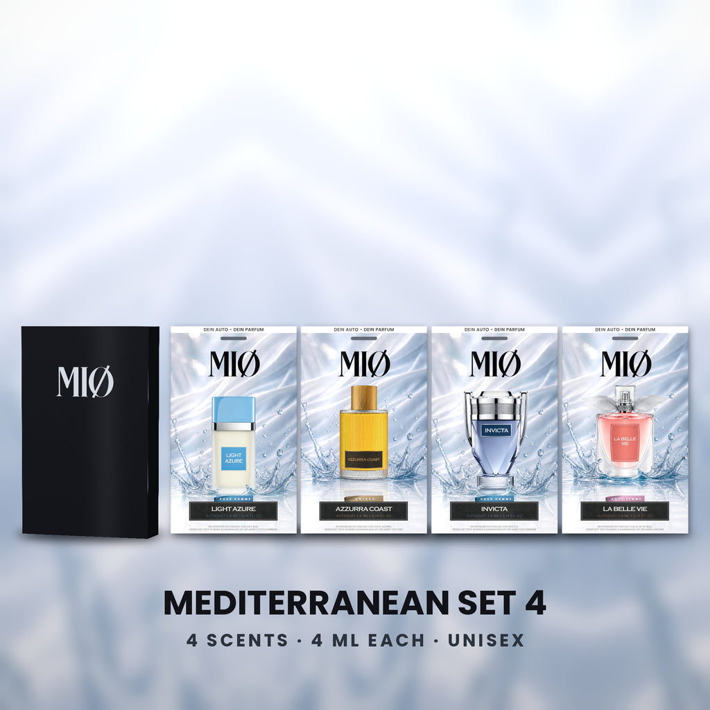 Mediterran-Set 4er in der Verpackung: MIØ-Box und 4 Duftanhänger