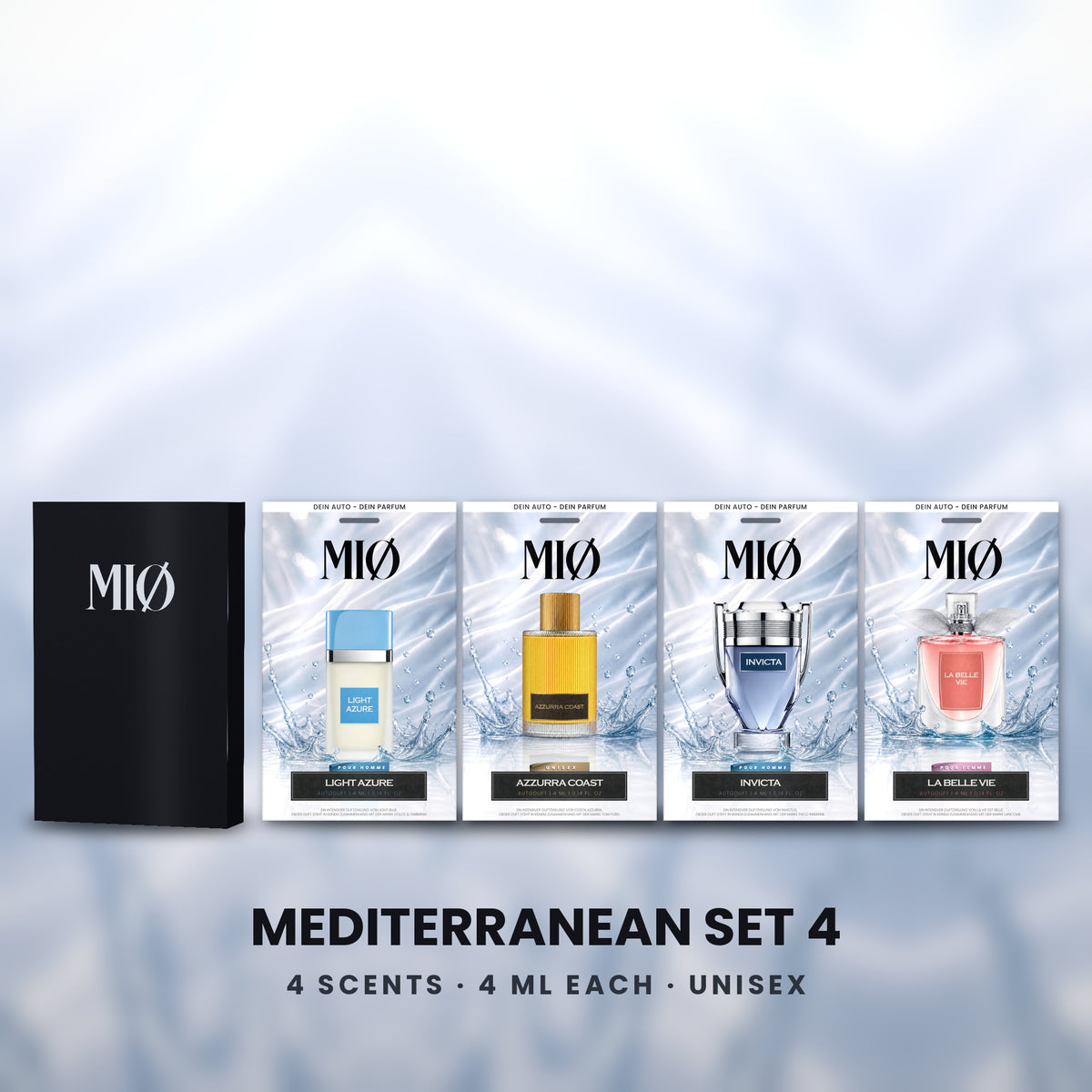 Mediterran-Set 4er in der Verpackung: MIØ-Box und 4 Duftanhänger