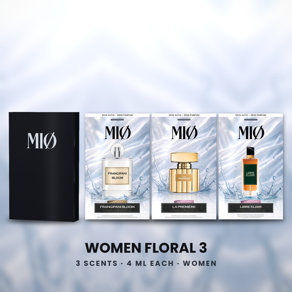 Set Damen Blumig 3er in der Verpackung: MIØ-Box und 3 Duftanhänger