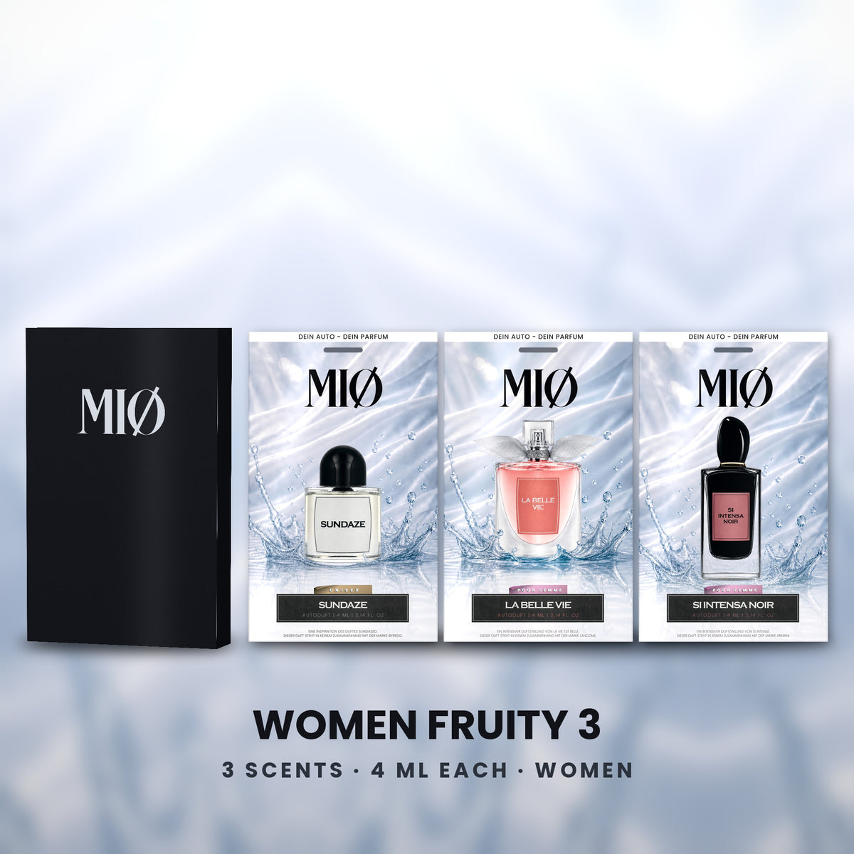 Set Damen Fruchtig 3er in der Verpackung: MIØ-Box und 3 Duftanhänger