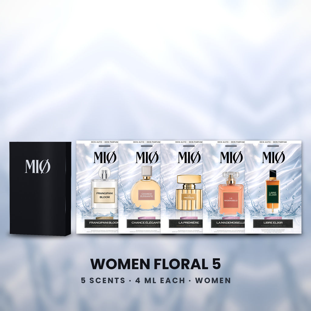 Set Damen Blumig 5er in der Verpackung: MIØ-Box und 5 Duftanhänger