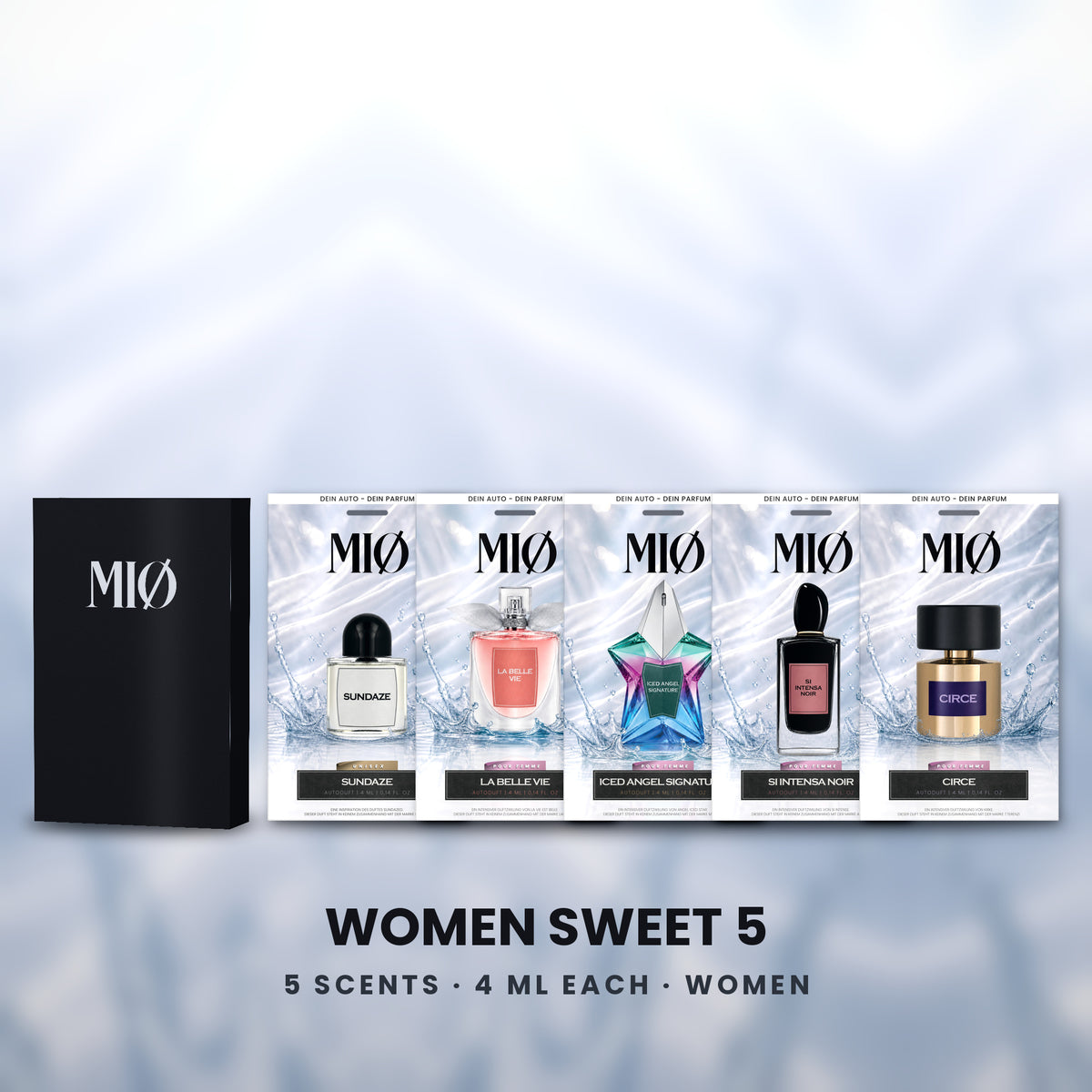 Set Damen Süß 5er in der Verpackung: MIØ-Box und 5 Duftanhänger