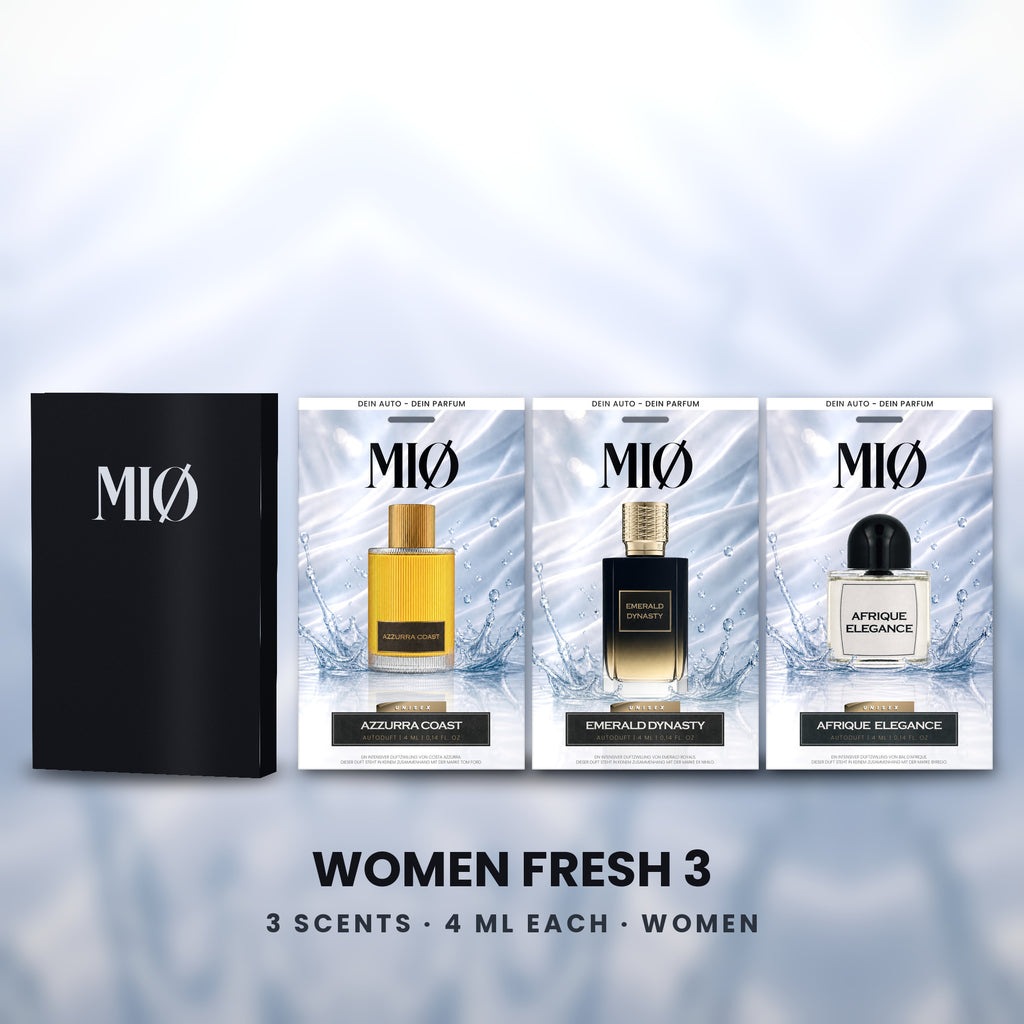 Set Damen Frisch 3er in der Verpackung: MIØ-Box und 3 Duftanhänger