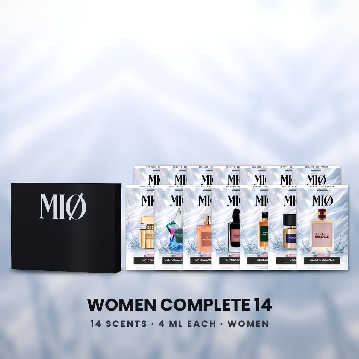 Set Damen Komplett 14er in der Verpackung: MIØ-Box und 14 Duftanhänger