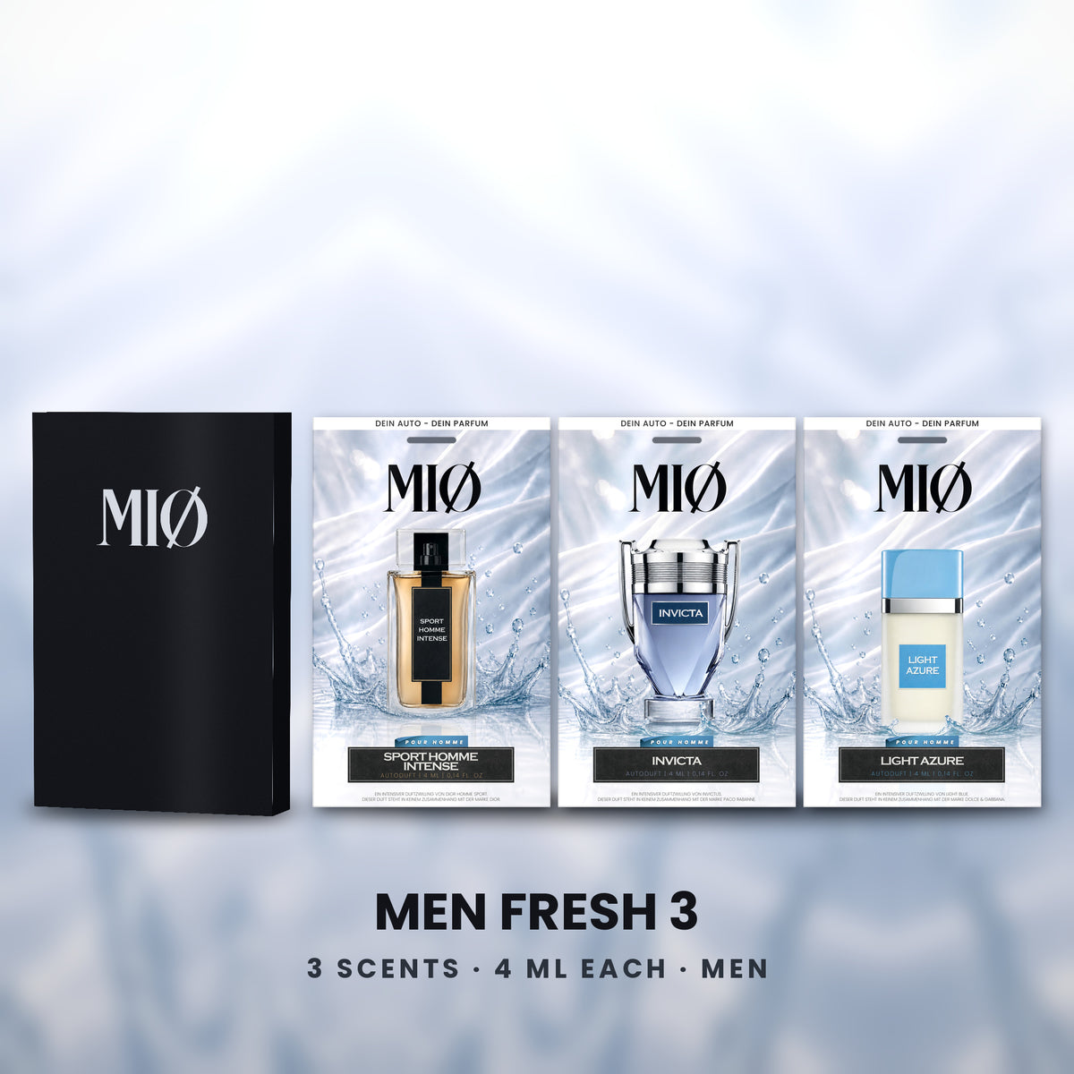 Set Herren Frisch 3er in der Verpackung: MIØ-Box und 3 Duftanhänger