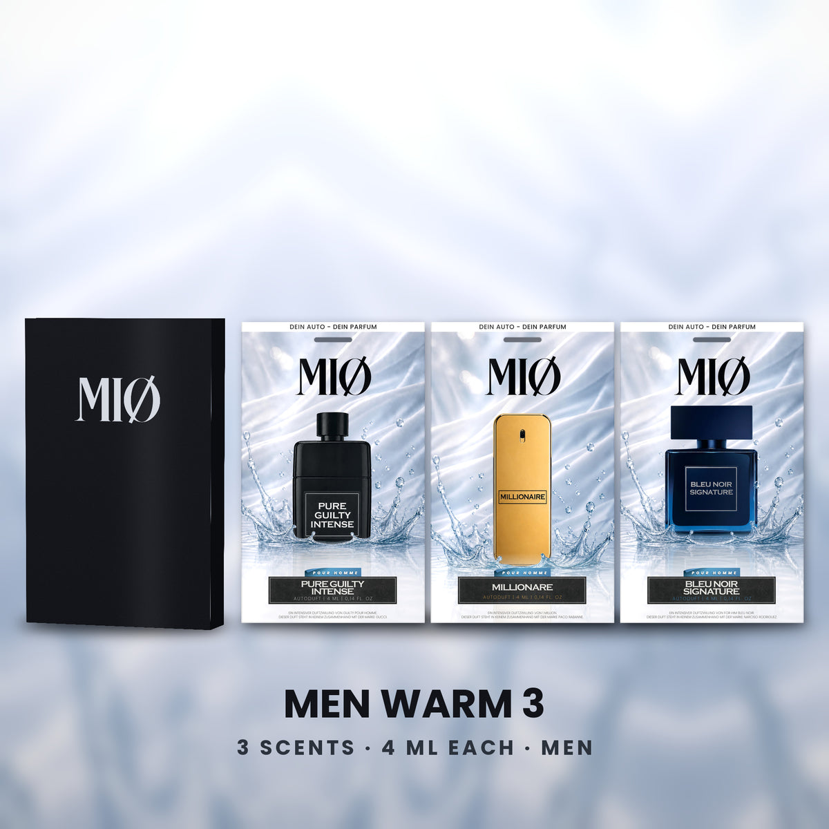 Set Herren Warm 3er in der Verpackung: MIØ-Box und 3 Duftanhänger