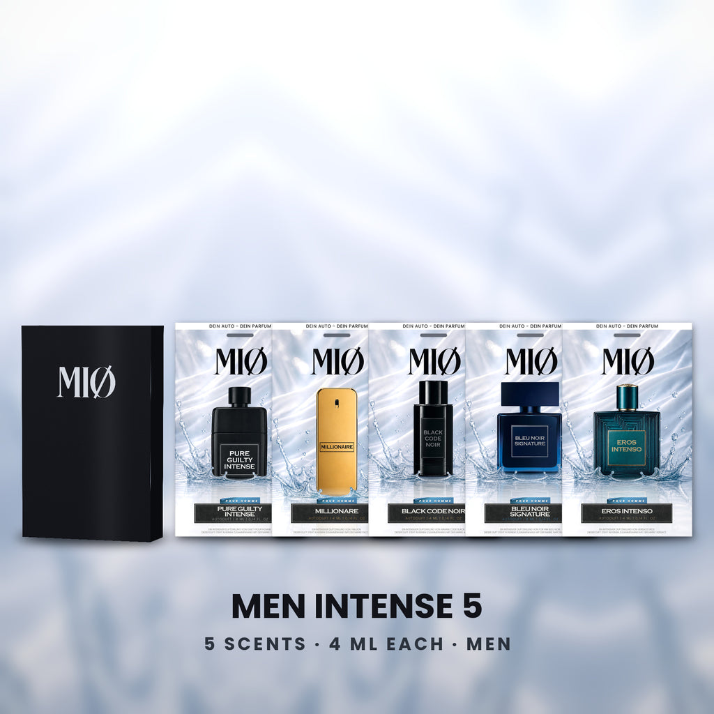 Set Herren Intensiv 5er in der Verpackung: MIØ-Box und 5 Duftanhänger