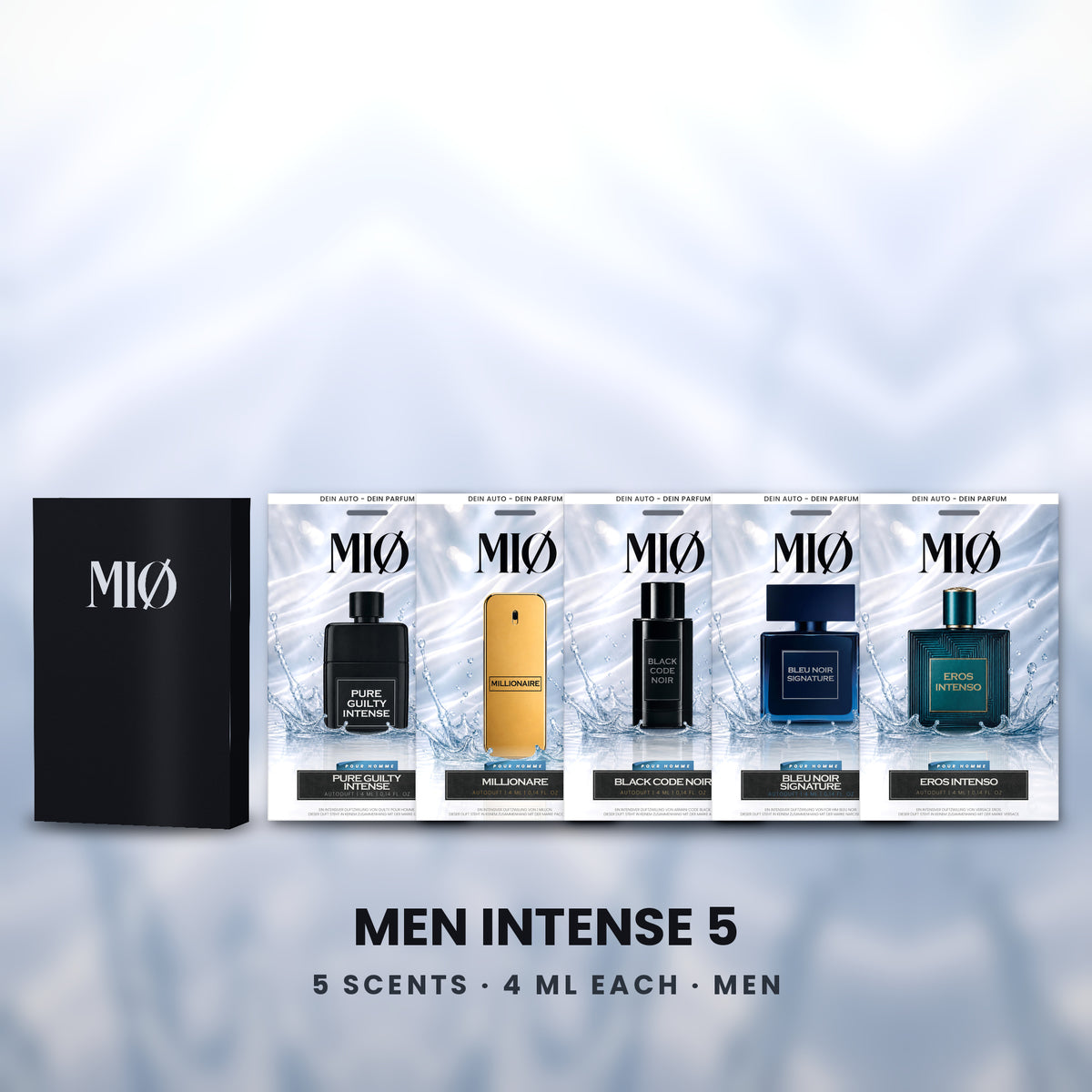 Set Herren Intensiv 5er in der Verpackung: MIØ-Box und 5 Duftanhänger