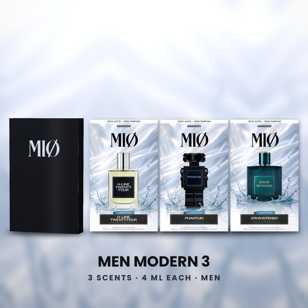 Set Herren Modern 3er in der Verpackung: MIØ-Box und 3 Duftanhänger