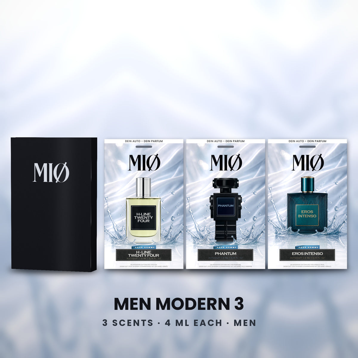 Set Herren Modern 3er in der Verpackung: MIØ-Box und 3 Duftanhänger