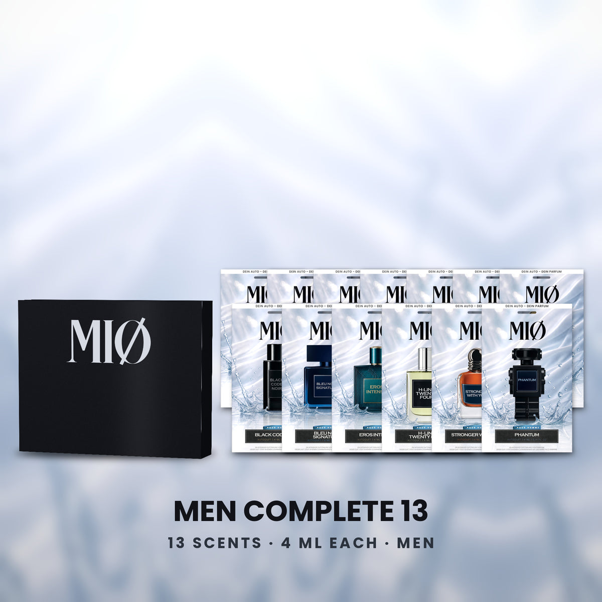 Set Herren Komplett 13er in der Verpackung: MIØ-Box und 13 Duftanhänger